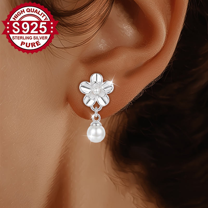 Women's 2pc S925 Silver Gardenia Flower Earrings with Pendant